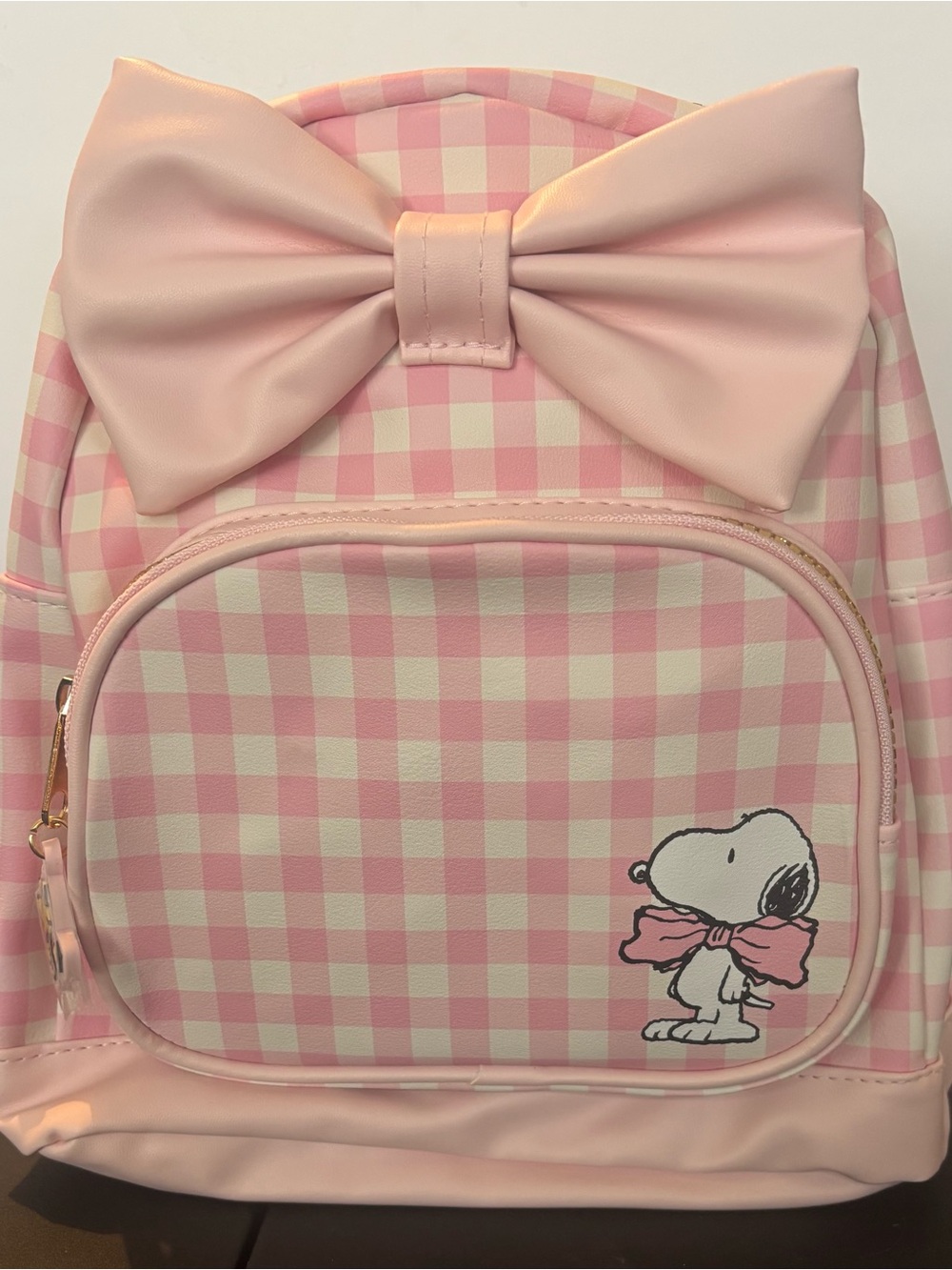 Peanuts Pink Gingham Bow Backpack with Snoopy Accent